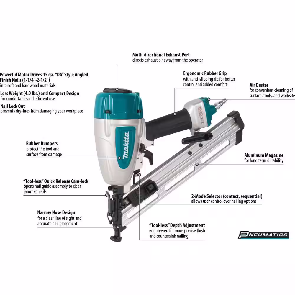 Makita Pneumatic 15-Gauge, 2-1/2 in. Angled Finish Nailer