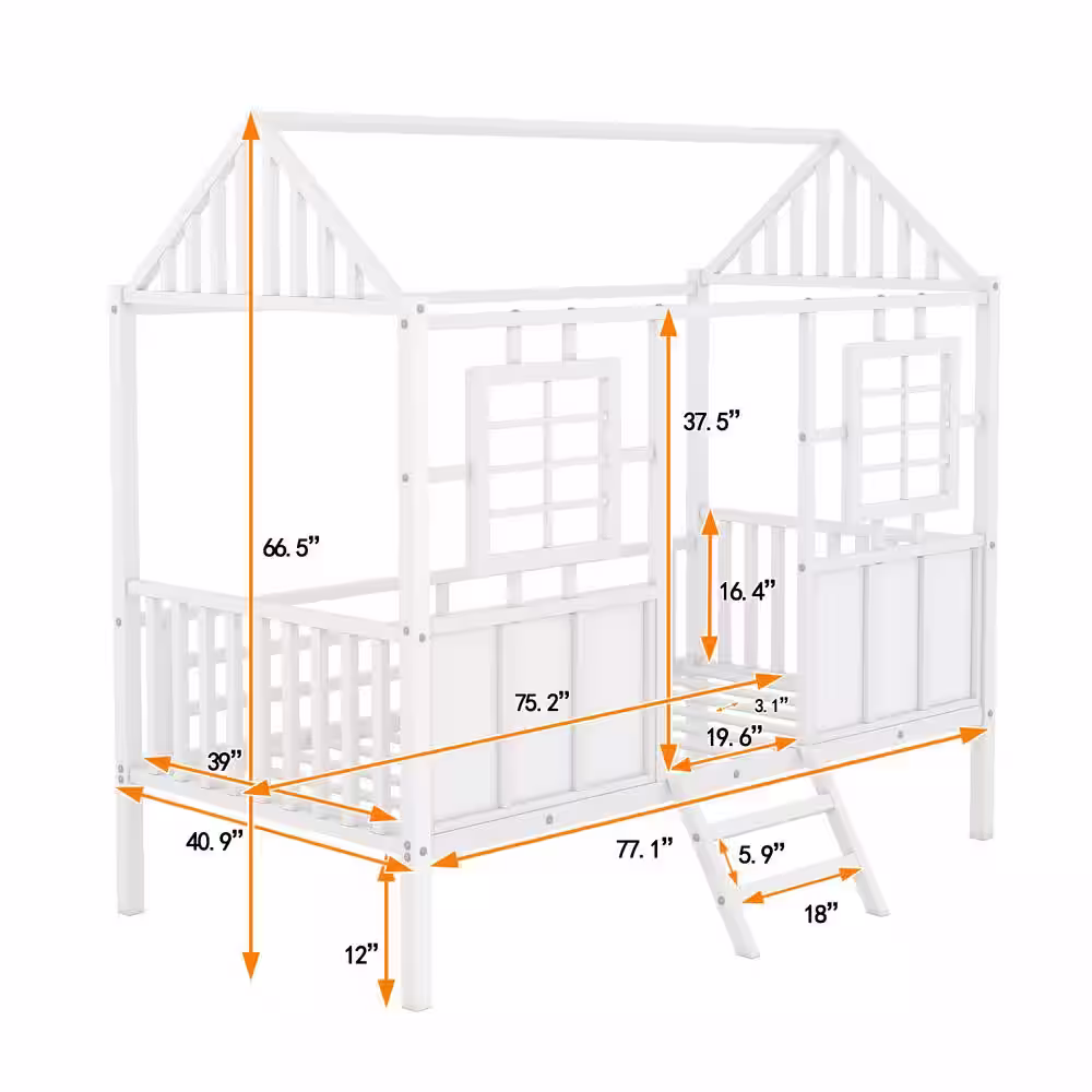 Harper & Bright Designs White Twin Size Metal Low Loft House Bed with Roof and Two Front Windows