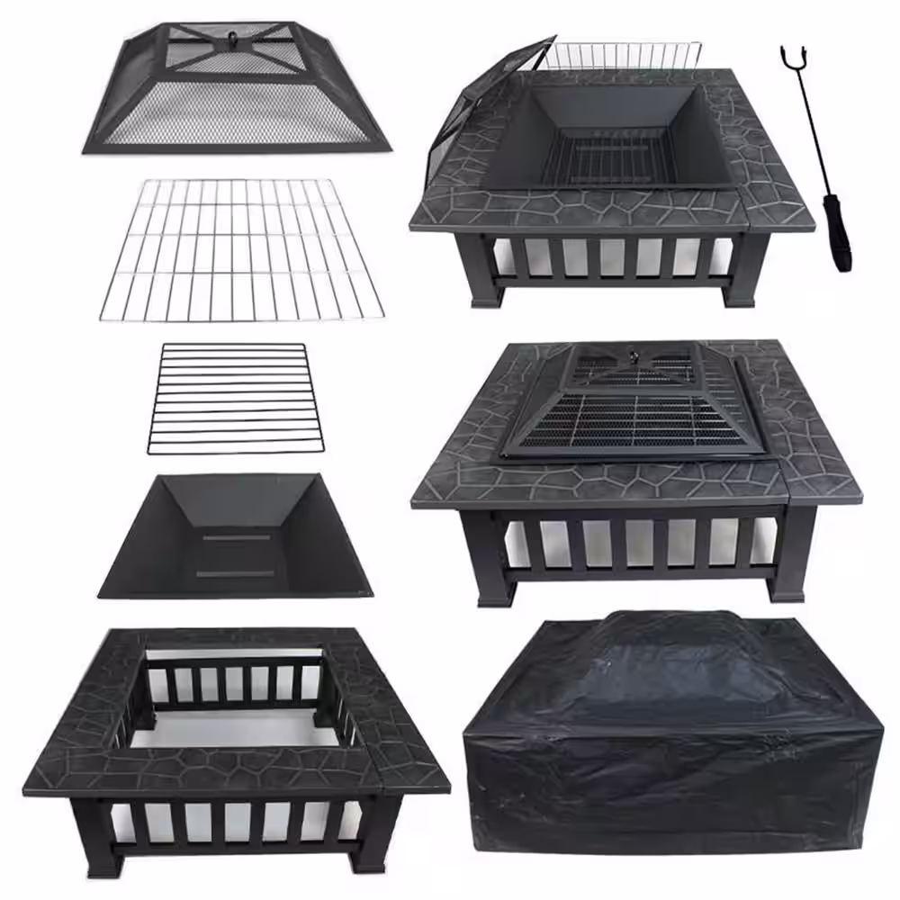 DIRECT WICKER Maxwell 31 in. W x 16 in. H Square Steel Deep Wood Burning Bowl Fire Pit with Cover