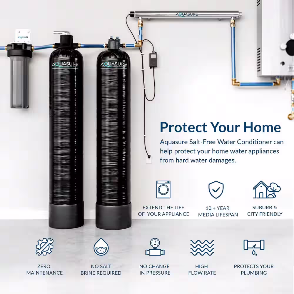 AQUASURE Serene 15-GPM Salt-Free Conditioning, Whole House Water Treatment System, Pleated Sediment Pre-Filter and UV Sterilizer