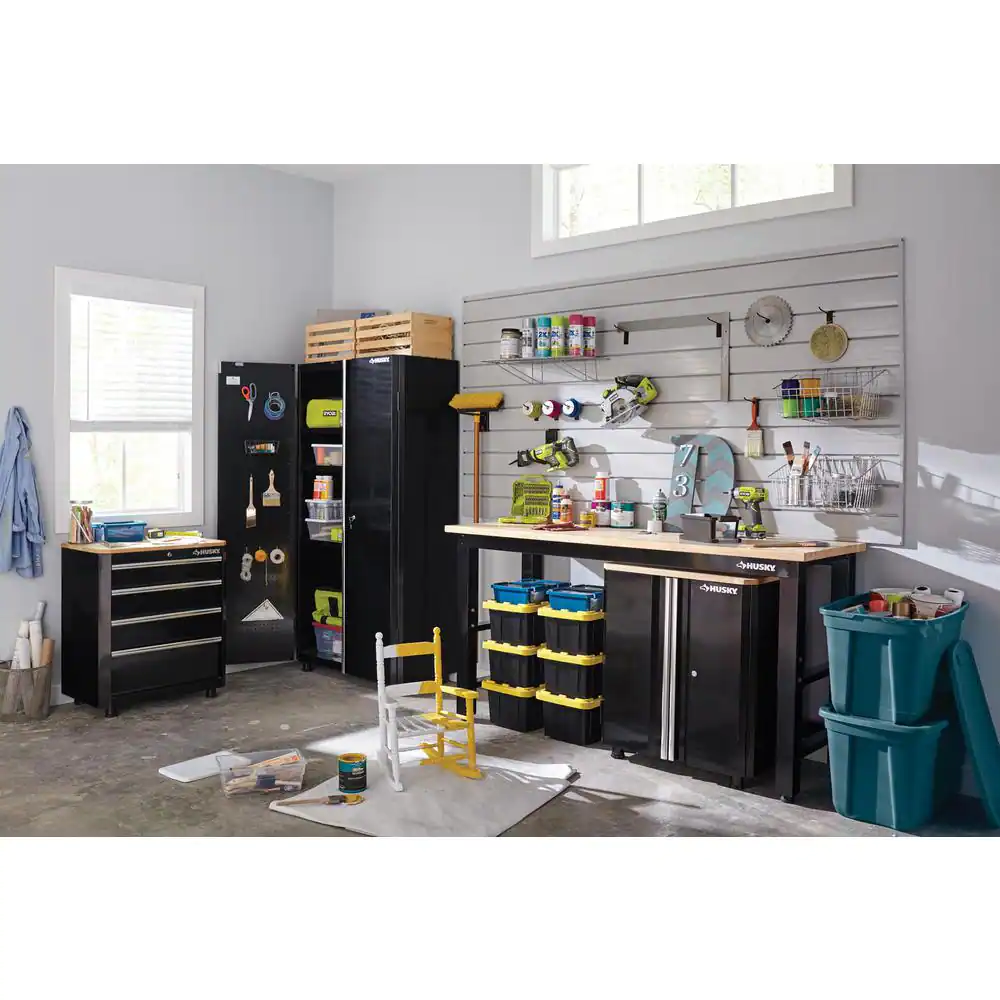 Husky 6 ft. Adjustable Height Solid Wood Top Workbench in Black for Ready to Assemble Steel Garage Storage System