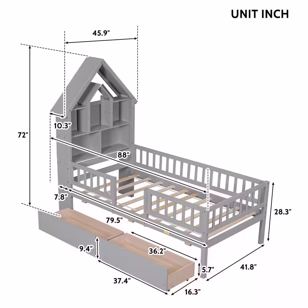 Harper & Bright Designs Gray Twin Size House-Shaped Headboard Wood Platform Bed with Storage Shelves, Fence Guardrails and 2 Drawers