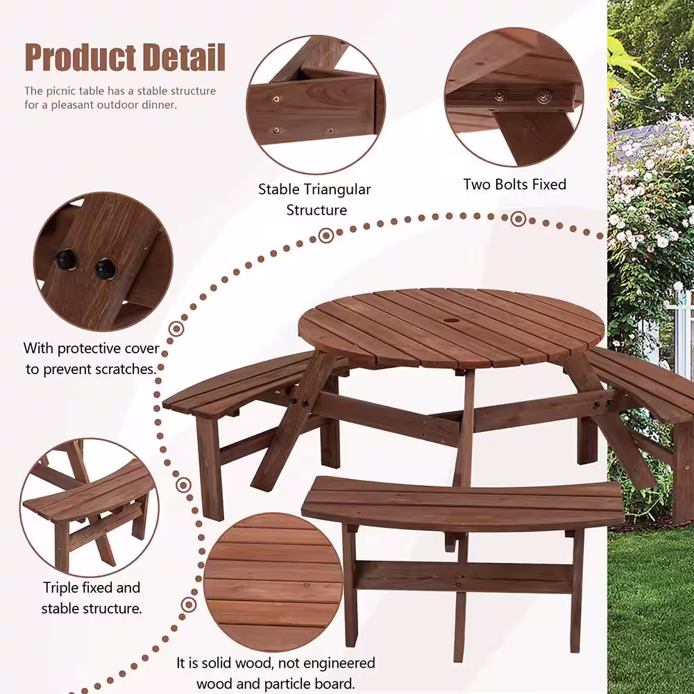 None Brown 35.43 in. 6-Person DIY Circular Fir Wood Outdoor Picnic Table with Benches and Umbrella Hole, High Capacity