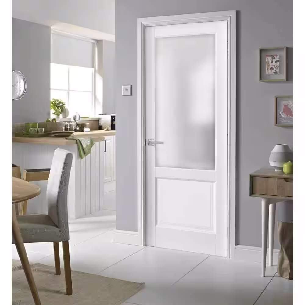 Sartodoors 1422 30 in. x 80 in. Universal Handling Frosted Glass Solid Core White Finished Pine Wood Single Prehung Interior Door
