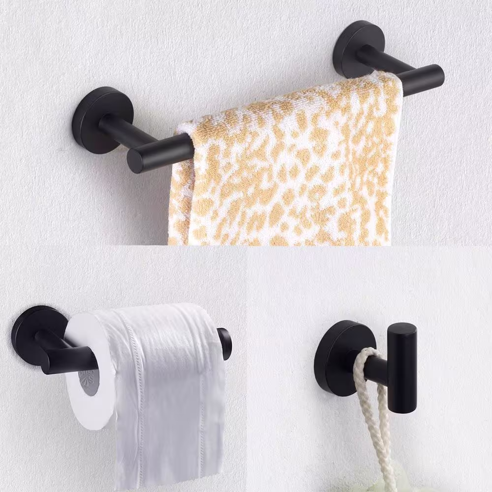 ruiling Porter 3-Piece Bath Hardware Set with Towel Hook and Toilet Paper Holder and 12 in. Towel Bar in Stainless Steel Black
