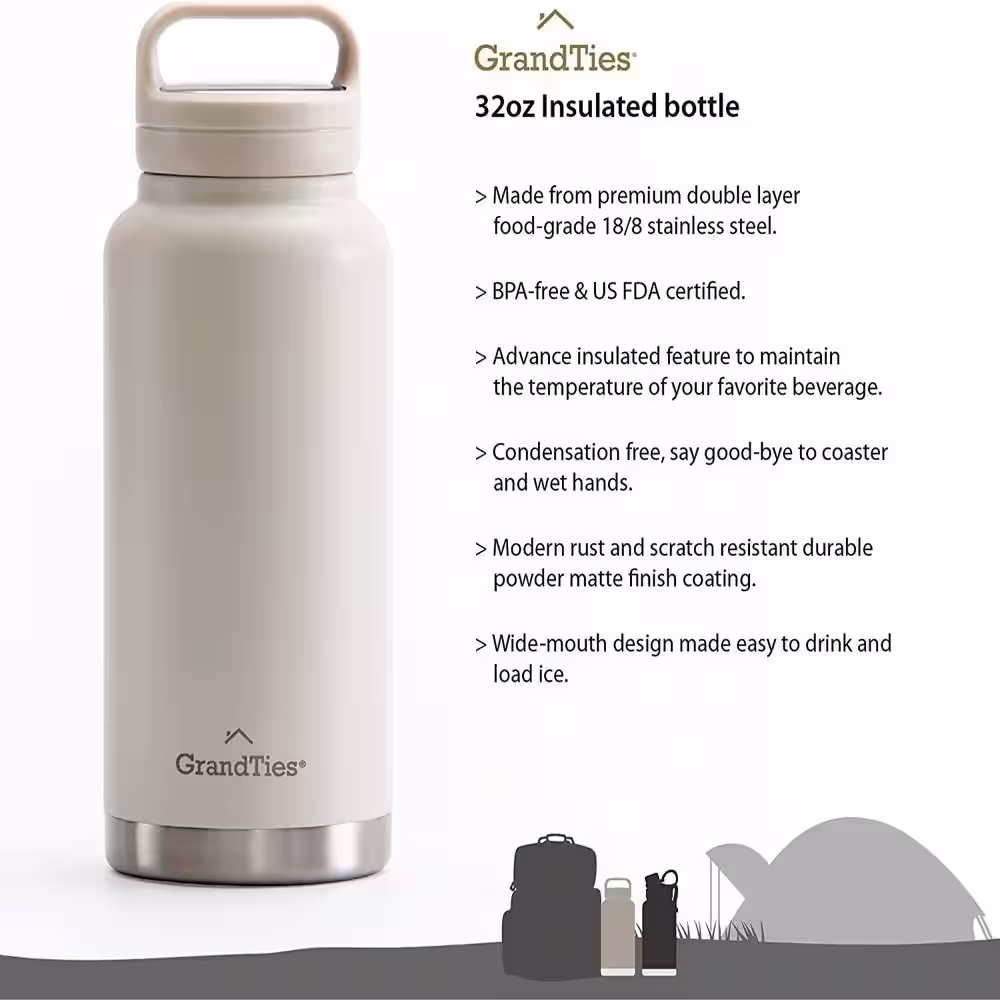 None 32 oz. Ivory White Travel Water Bottle - Wide Mouth Vacuum Insulated Water Bottle with 2-Style Lids