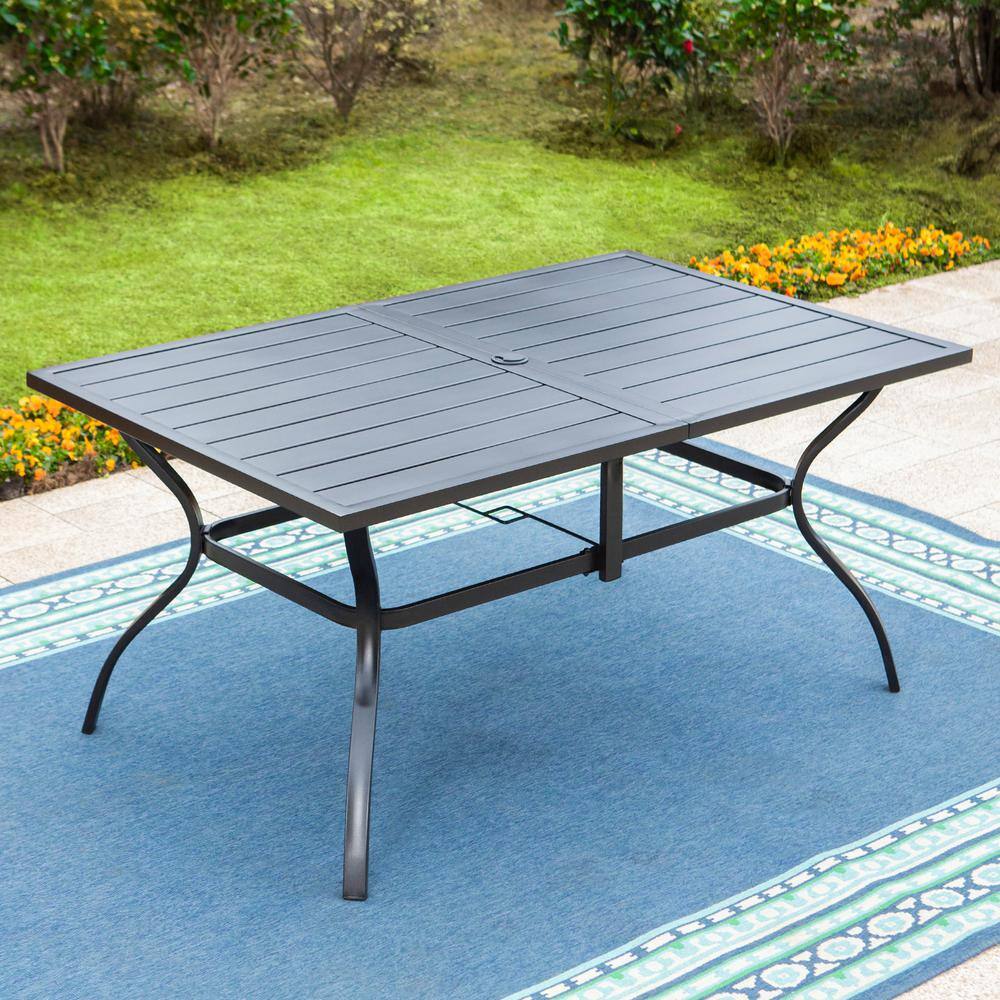 None 7-Piece Metal Patio Outdoor Dining Set with Stripe Stackable Chairs