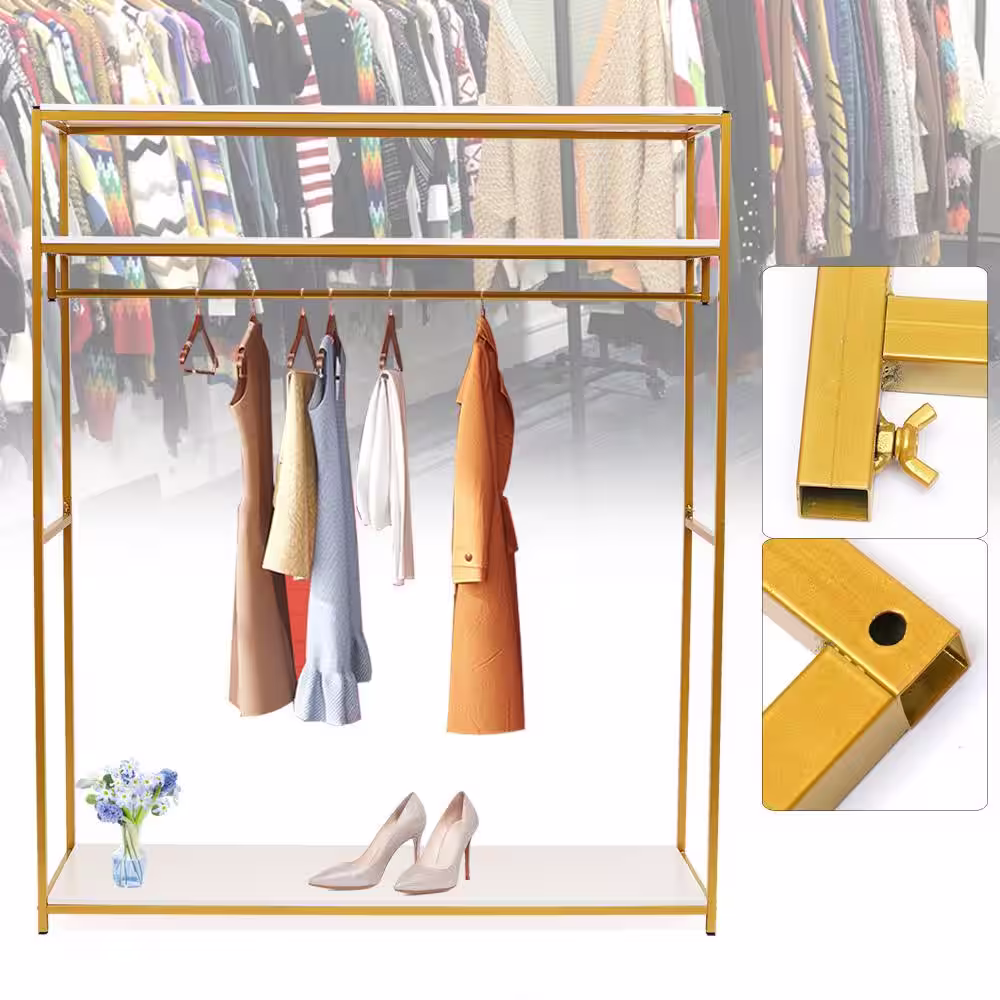None Gold Iron Freestanding Large Clothes Rack with Shelfves 15.74 in. W x 70.86 in. H