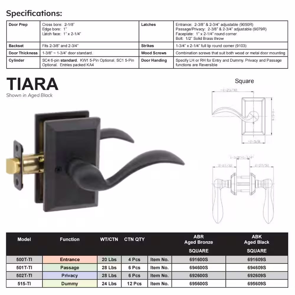 DELANEY HARDWARE Sandcast Tiara Aged Bronze Passage Hall/Closet Door Lever with Square Backplate