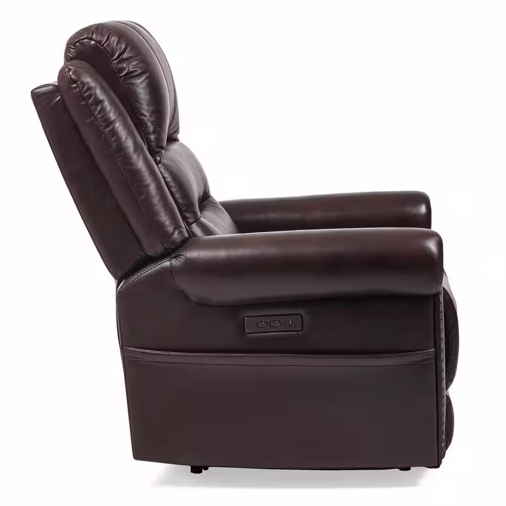 None 35.25 in. W Brown Genuine Leather Power Reclinr with Power Headrest USB Type C Charger