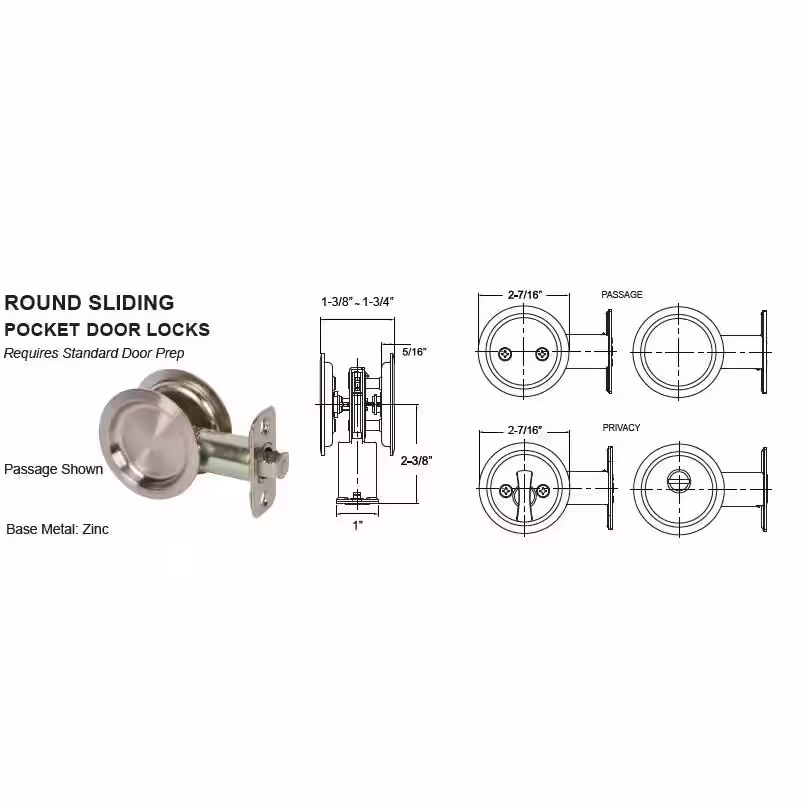 DELANEY HARDWARE Round Satin Nickel Hall, Closet Passage Sliding Pocket Door Lock