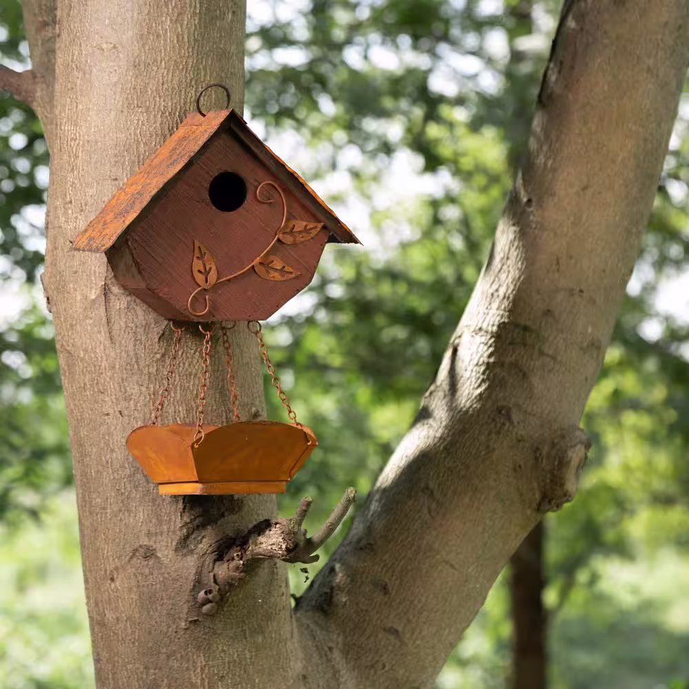 Glitzhome 13 in. H Distressed Solid Wood Birdhouse with Bird Bath