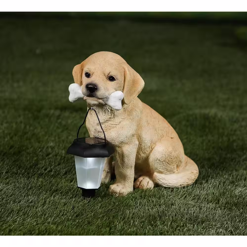 LuxenHome Resin Puppy Garden Statue with Solar Powered Lantern