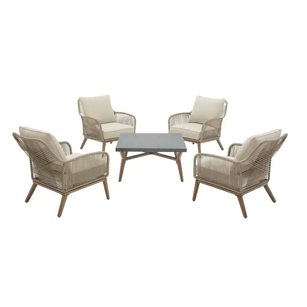 Hampton Bay Haymont 5-Piece Steel Wicker Outdoor Patio Conversation Deep Seating Set with Beige Cushions