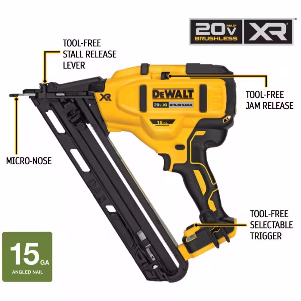 DEWALT 20V MAX XR 15-Gauge Cordless Angled Finish Nailer (Tool-Only) and 2 in. x 15-Gauge Angled Finish Nails (2500 Piece)