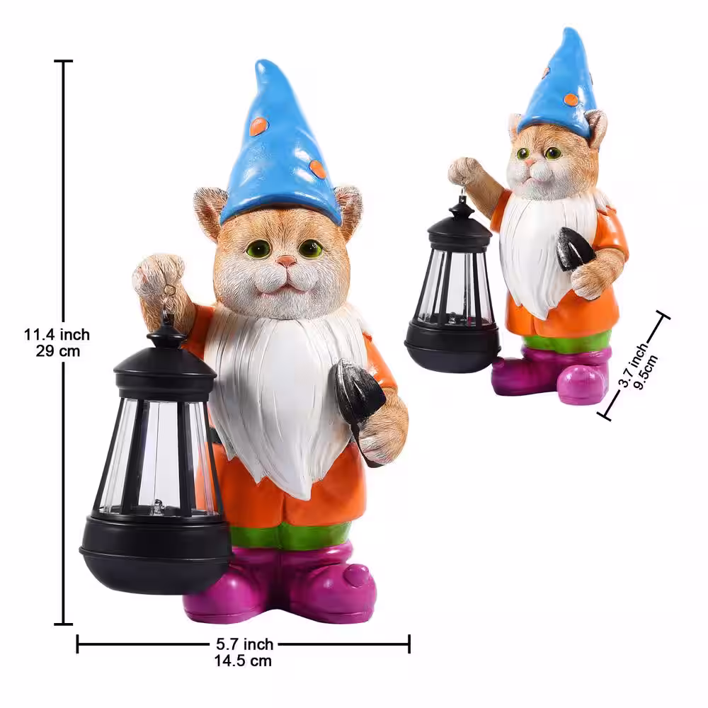 None Solar Garden Statue Cat Gnome Figurine- Best Art Decor for, Unique Housewarming Gift for Garden
