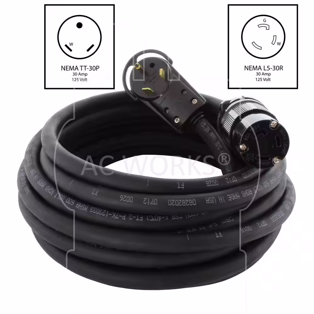 AC WORKS 25 ft. 10/3 30 Amp 125-Volt NEMA TT-30P to NEMA L5-30R Rubber Extension Cord with Handle