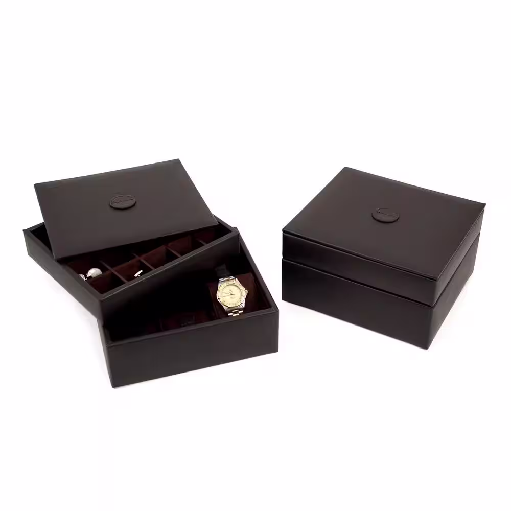 BEY-BERK Brown Leather Stacked Valet for 6-Watches and 20-Cufflinks with Lid