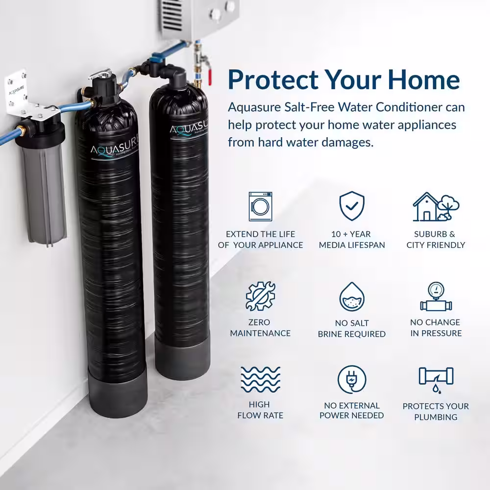 AQUASURE Serene Series 15 GPM Salt Free Conditioner, Whole House Water Treatment System and Pleated Sediment Pre-Filter