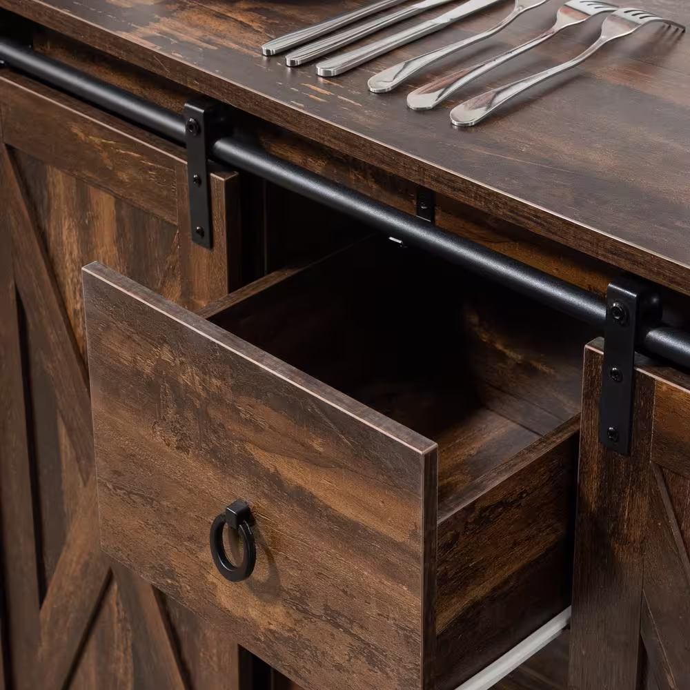 HOMCOM Industrial Farmhouse Rustic Brown Kitchen Sideboard with Sliding Barn Doors, 3-Drawers and Adjustable Shelves