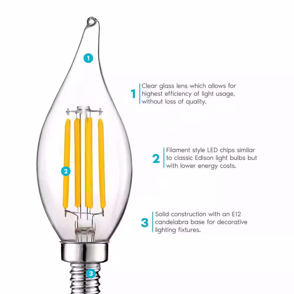 LUXRITE 60-Watt Equivalent CA11 Dimmable LED Light Bulbs Flame Tip Clear Glass Filament 2700K Warm White (12-Pack)