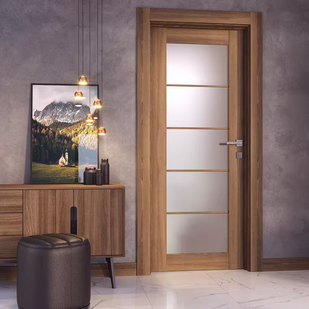 Belldinni Vona 5-Lite 18 in. x 80 in. No Bore Frosted Glass Pecan Nutwood Finished Composite Wood Interior Door Slab