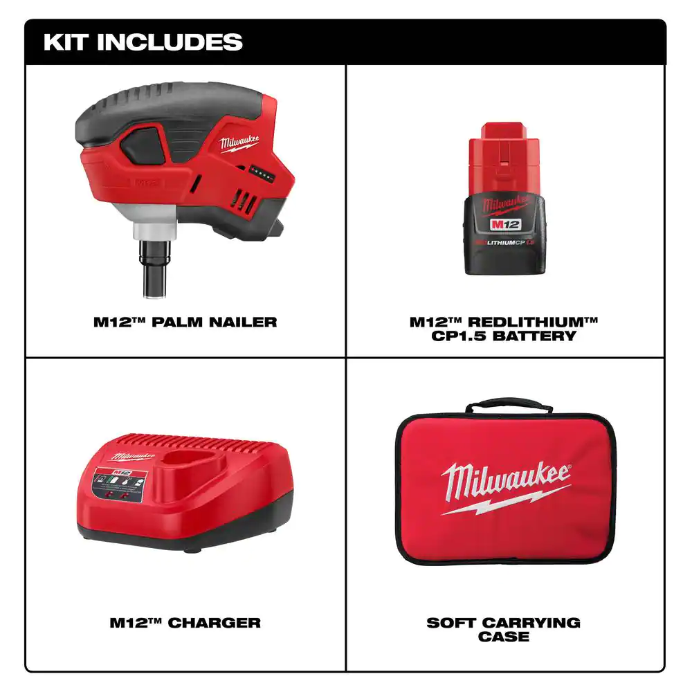 Milwaukee M12 12-Volt Lithium-Ion Cordless Palm Nailer Kit with One 1.5Ah Battery, Charger and Tool Bag