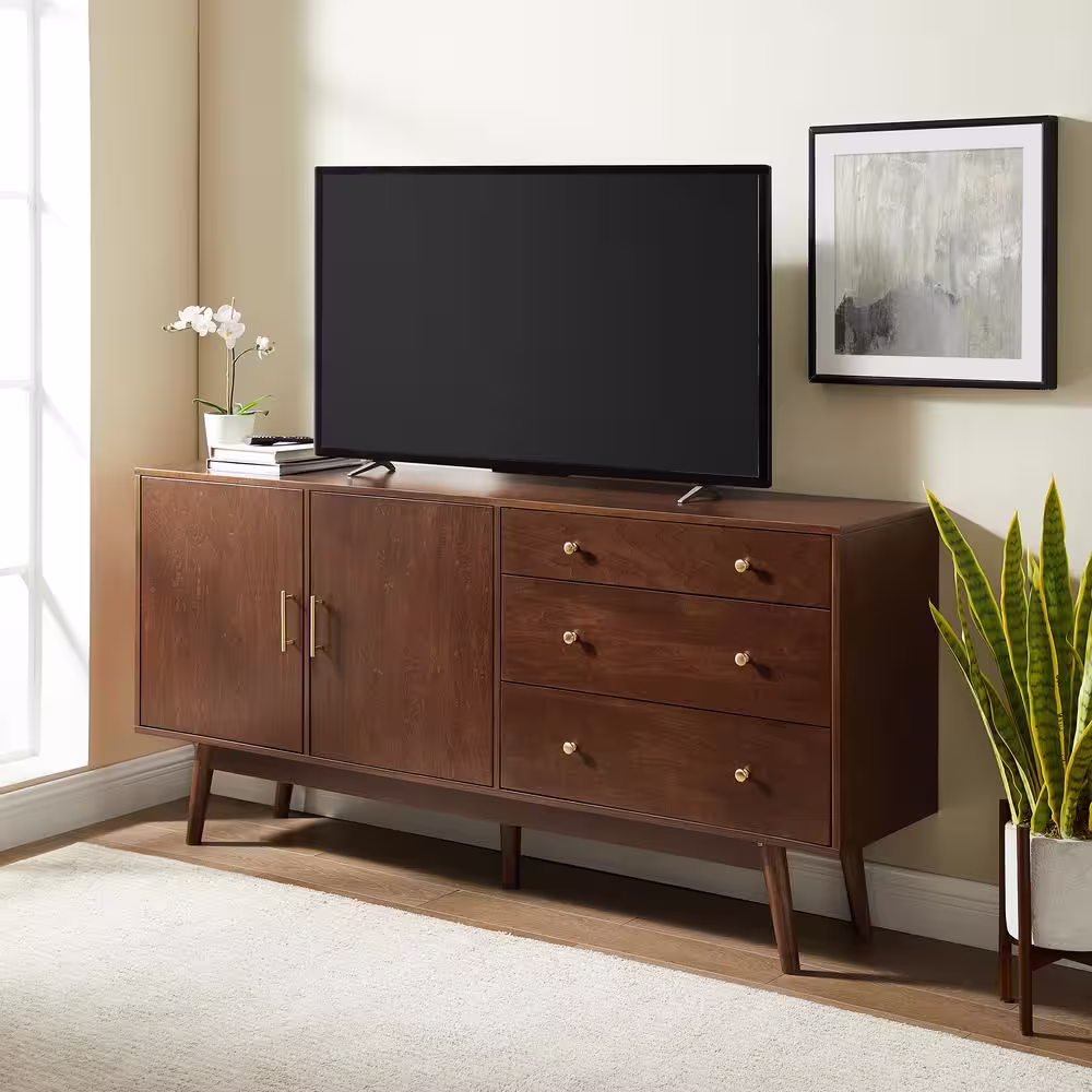 Welwick Designs Walnut 70 in. Mid-century Modern 3-Drawer and 2-Door Sideboard