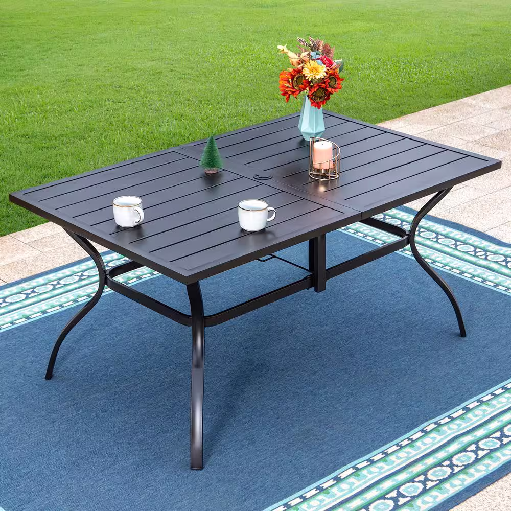None Black 7-Piece Metal Patio Outdoor Dining Set with Straight-Leg Rectangle Table and Fashion Chairs
