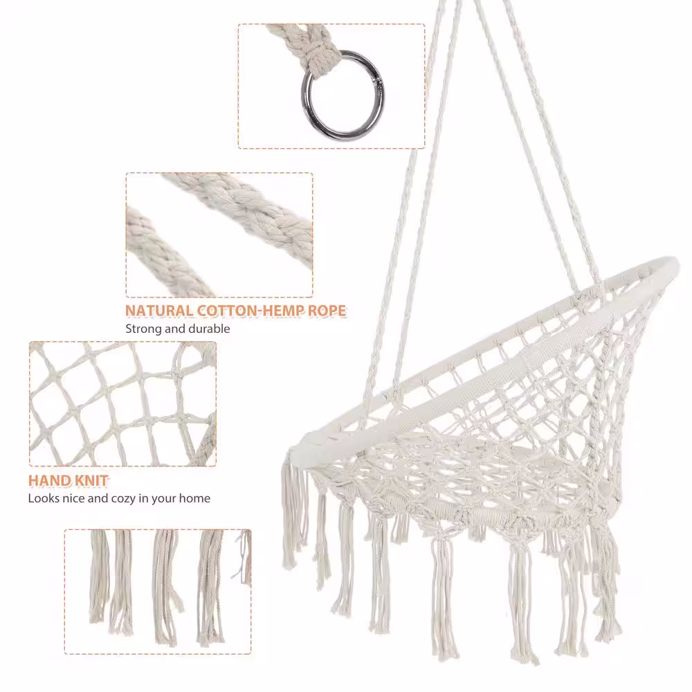 None 2.6 ft. Sling Cotton Rope Hammock Swing Chair in Beige