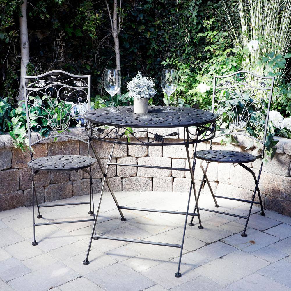 Alpine Corporation Indoor/Outdoor 3-Piece Iron Garden Bistro Set Folding Table and Chairs Patio Seating with Leaf Design
