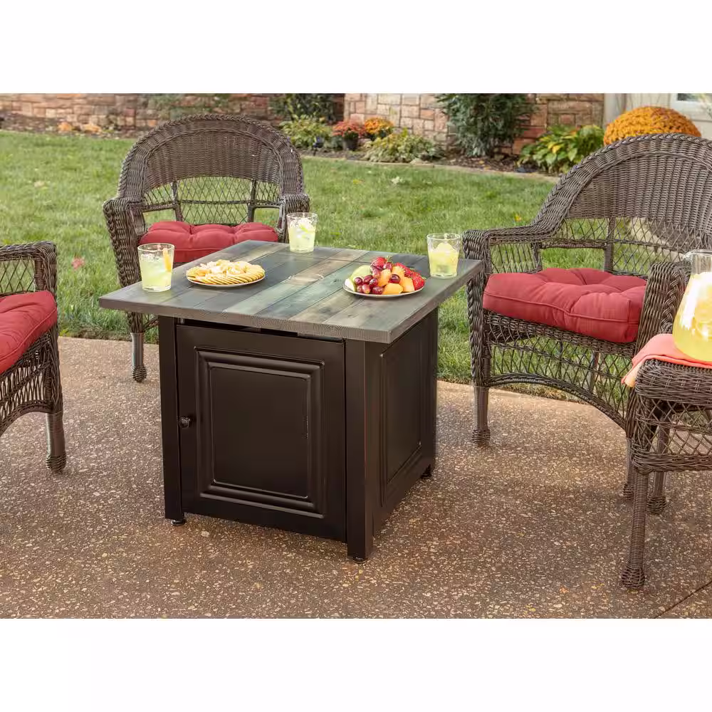 Endless Summer 30 in. W x 25.4 in. H Square Steel Frame and Wood Grain Print Resin Mantel LP Gas Fire Pit with Integrated Ignition