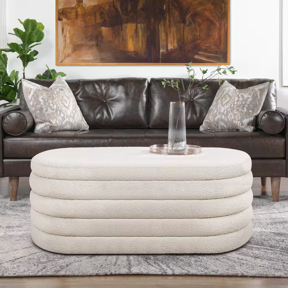 Jennifer Taylor Fuji 19 in. Upholstered Oval Storage Bench, Ivory White Boucle