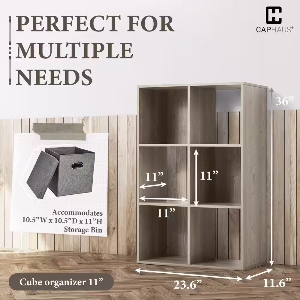 CAPHAUS 36 in. H x 23.6 in. W x 11.6 in. D Grey Oak Wood Look 6- Cube Storage Organizer