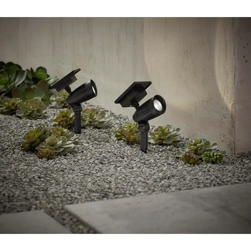 Hampton Bay Solar 50 Lumens Black Outdoor Integrated LED Adjustable Beam Spotlight (2-Pack); Weather/Water/Rust Resistant