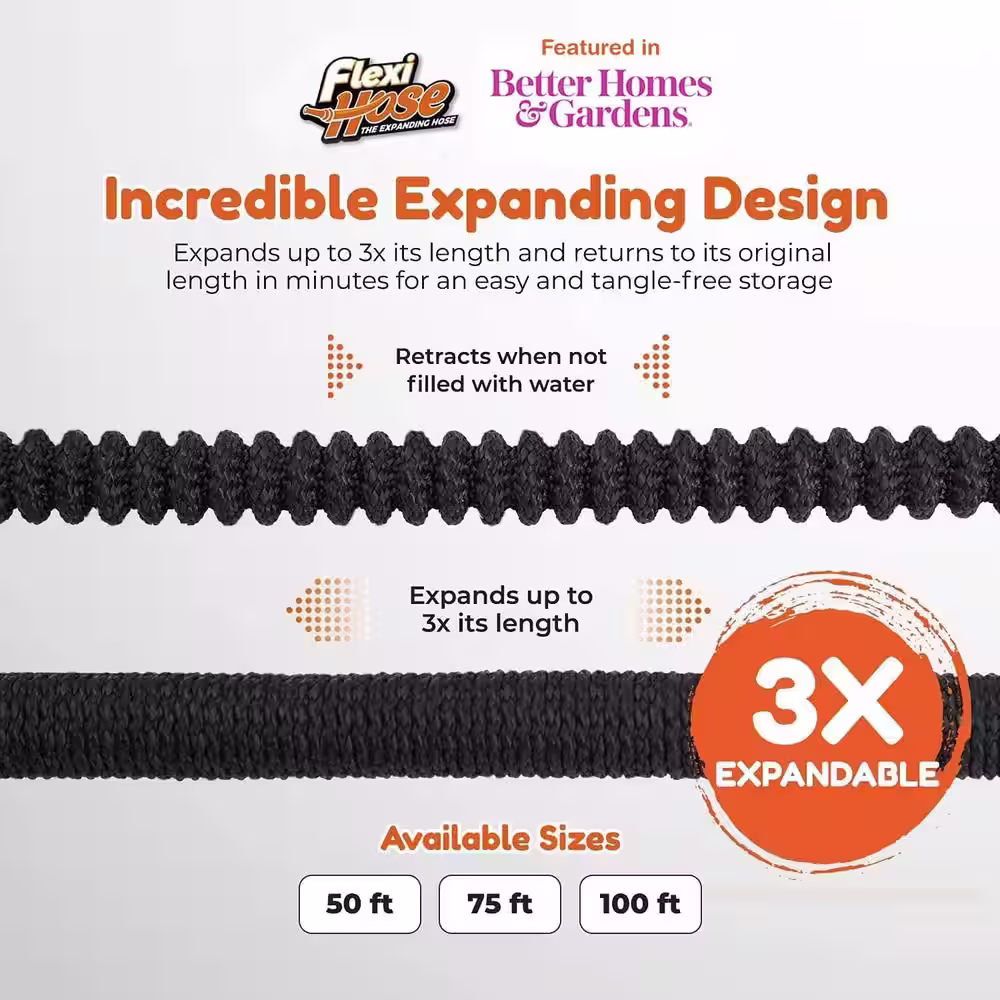 None Flexi Hose 3/4 in x 75 ft. with 8 Function Nozzle Expandable Garden Hose, Lightweight & No-Kink Flexible, Black