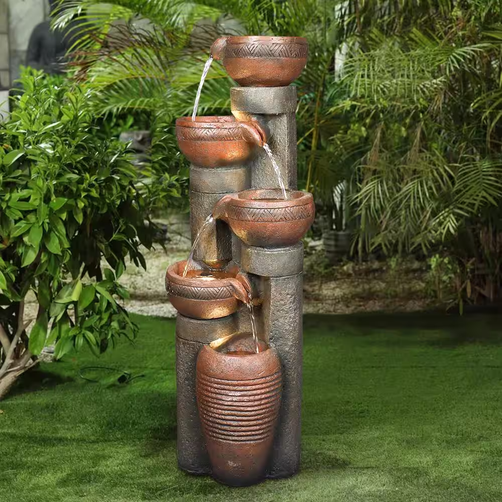 Watnature 39.7 in. 5-Tier Resin Fiberglass Relaxing Outdoor Indoor Garden Water Fountain with LED Lights for House Art Decor