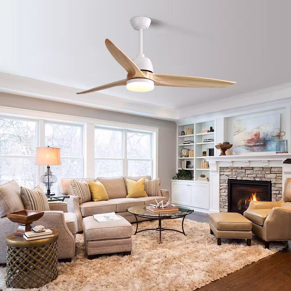 Sofucor 56 in. Indoor/Outdoor Wood Matte White Ceiling Fan with Lights Remote Control Dimmable Light Reversible DC Motor