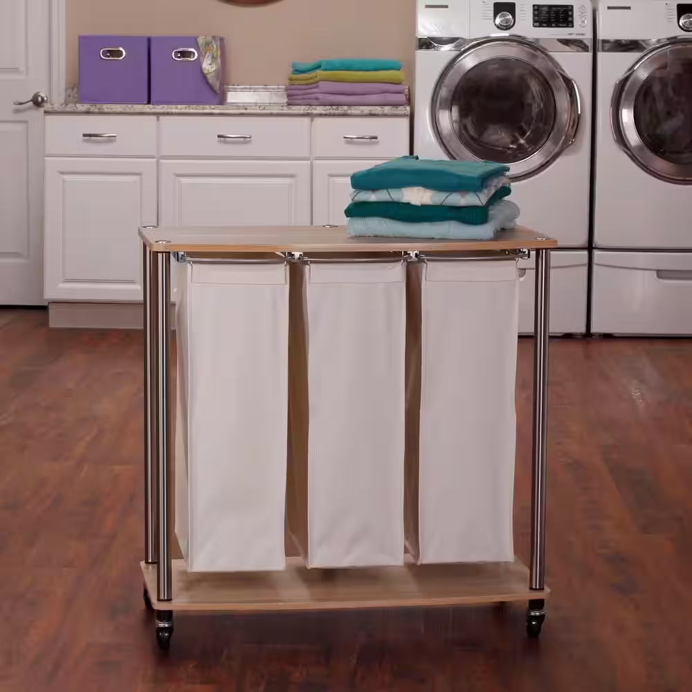 HOUSEHOLD ESSENTIALS Light Ash, Laundry Sorter, 3 Bag with Wheels