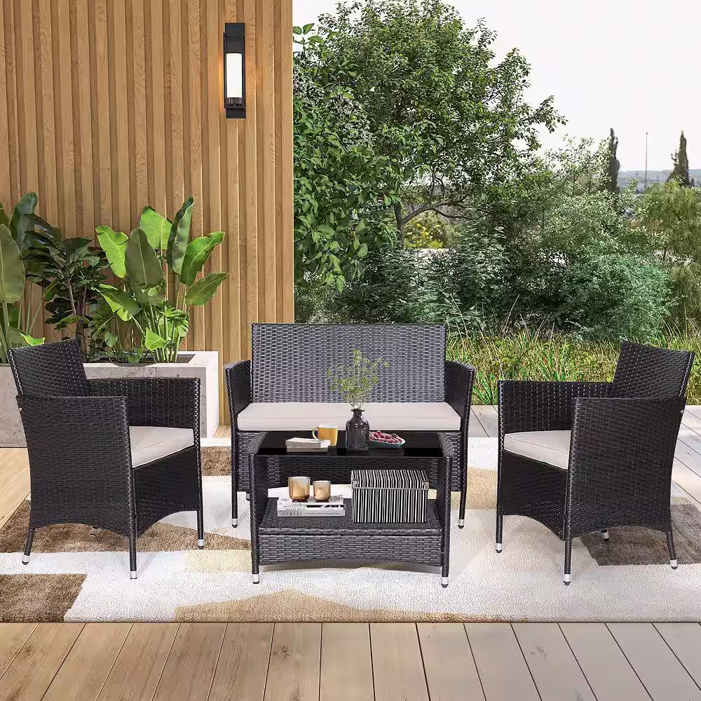 Costway 4-pieces Wicker Patio Conversation Set Armrest Sofa Coffee Table with Beige Cushions Shelf Garden
