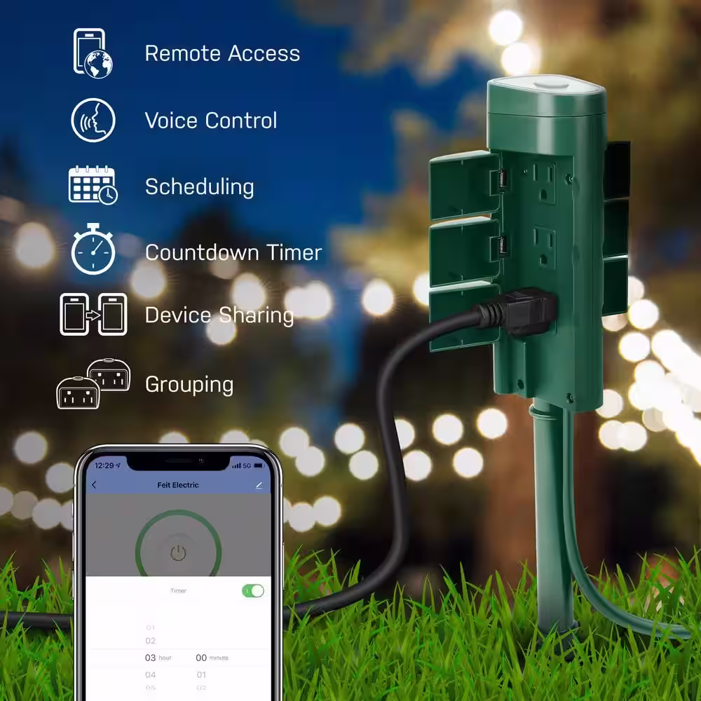 Feit Electric 6 ft. Cord 15-Amp 6-Outlet Alexa / Google Assistant Compatible Smart Wi-Fi Outdoor Power Yard Stake, Green (3-Pack)
