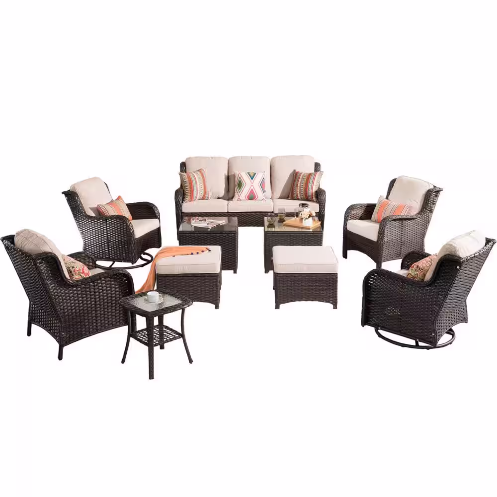 OVIOS Joyoung Brown 10-Piece Wicker Swivel Outdoor Patio Conversation Seating Set with Beige Cushions