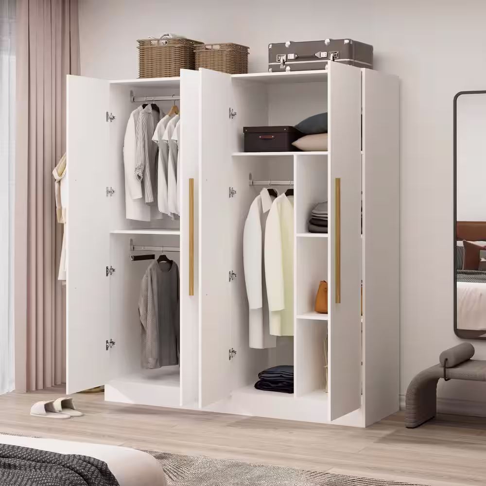 None 1-Piece White Wood Armoires, Hanging Rod, Storage Shelves (70.9 in. H x 63 in. W x 19.7 in. D) Bedroom Set with 4-Door