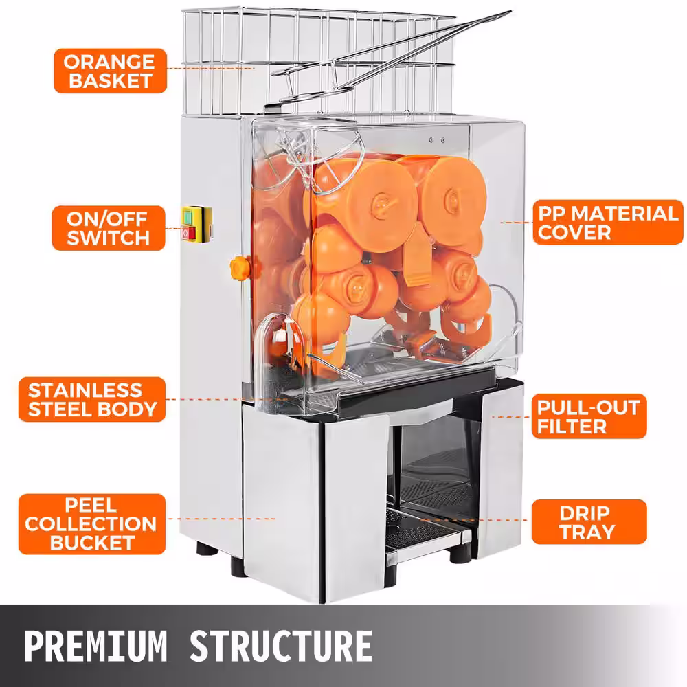 VEVOR Commercial Juicer Machine 120 Watt Orange Squeezer Stainless Steel Electric Juice Extractor with Pull-Out Filter Box