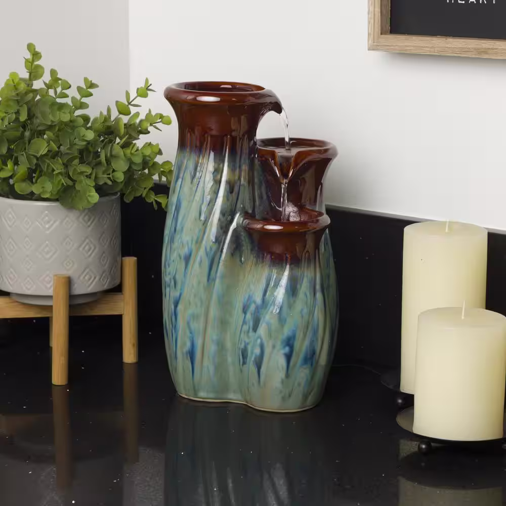 Alpine Corporation 11 in. H Indoor Tiered Glossy Ceramic Vase Tabletop Fountain, Brown/Blue