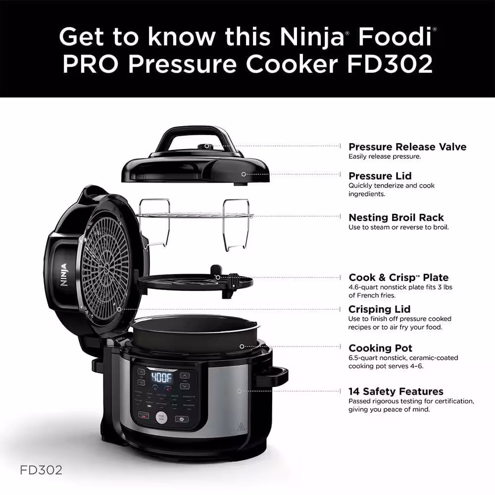 NINJA 6.5 qt. Electric Stainless Steel Pro Pressure Cooker + Air Fryer with Nesting Broil Rack