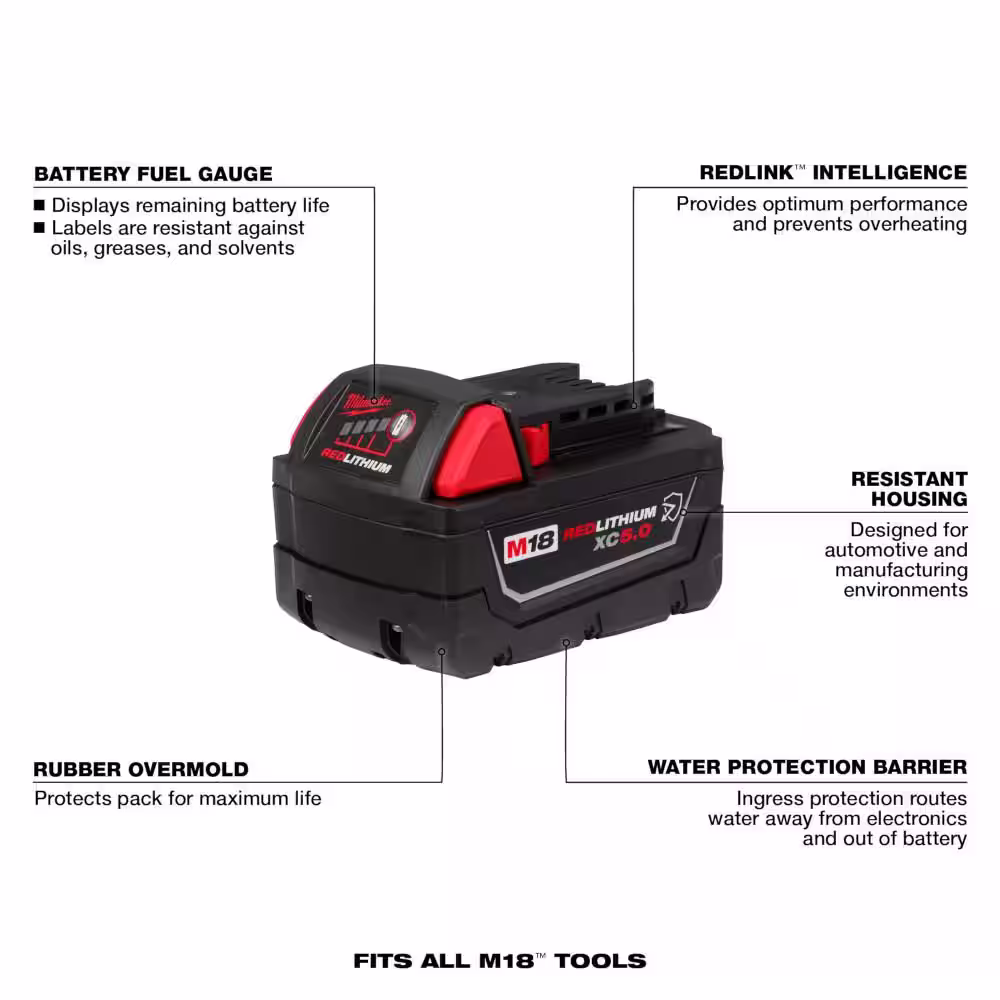 Milwaukee M18 FUEL Gen-2 18V Lithium-Ion Brushless Cordless Mid Torque 1/2 in. Impact w/Fring w/5.0 ah Resistant Battery