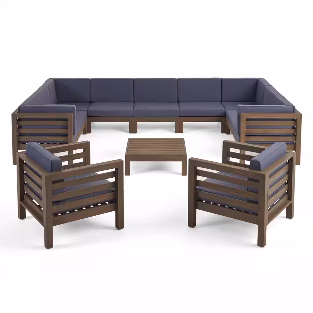 Noble House Oana Grey 10-Piece Wood Patio Conversation Sectional Seating Set with Dark Grey Cushions