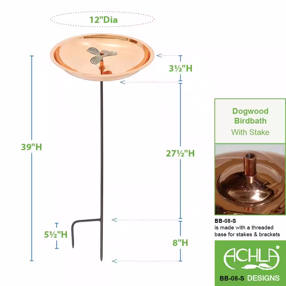 Achla Designs 39.5 in. Tall Copper Plated and Colored Patina Dogwood Garden Copper Birdbath with Stake