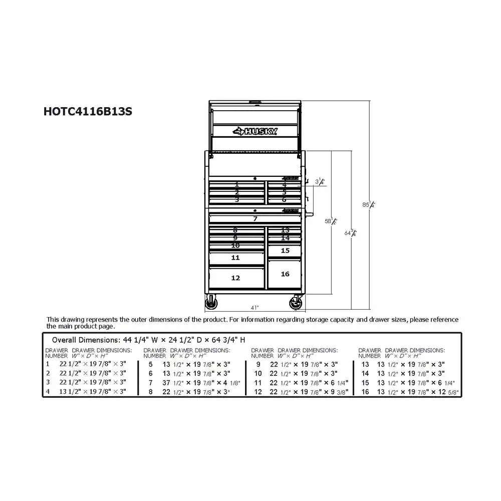 Husky 41 in. W x 24.5 in D Standard Duty 16-Drawer Combination Rolling Tool Chest and Top Tool Cabinet Set in Gloss Black